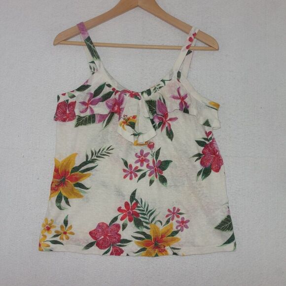 Old Navy Tank Top White Crop Flowy Ruffle Strap Floral Tropical Beach Women's XS - Picture 1 of 7